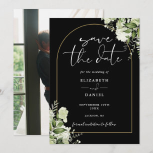 Black Greenery Floral Gold Arch Photo Wedding Save The Date
