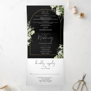 Black Greenery Floral Gold Arch Photo Wedding Tri-Fold Invitation
