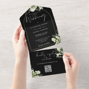 Black Greenery Floral Gold Arch QR Code Wedding All In One Invitation