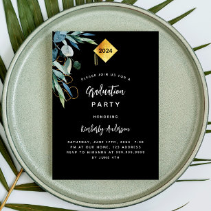 Black greenery gold cap 2024 graduation party invitation