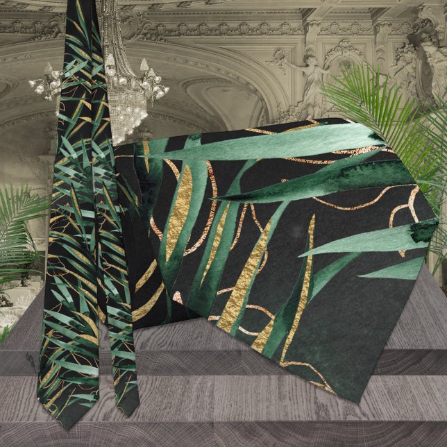 Black Greenery Palms & Gold Tropical Wedding Tie (Creator Uploaded)