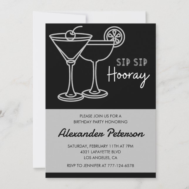 Black Grey 28th birthday invitations Men Cocktail (Front)