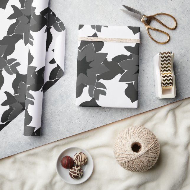 Black Grey Abstract Floral Weddings Engagement Wrapping Paper (Crafts)