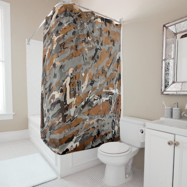 Black, Grey and Caramel Abstract Shower Curtain (In Situ)