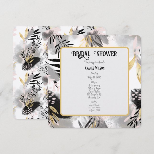 Black, Grey and Gold Leafy Shower Invitation (Front/Back)