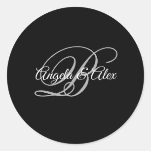 Black Grey and White Fancy Script Monogram Classic Round Sticker