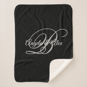 Black Grey and White Fancy Script Monogram Sherpa Blanket