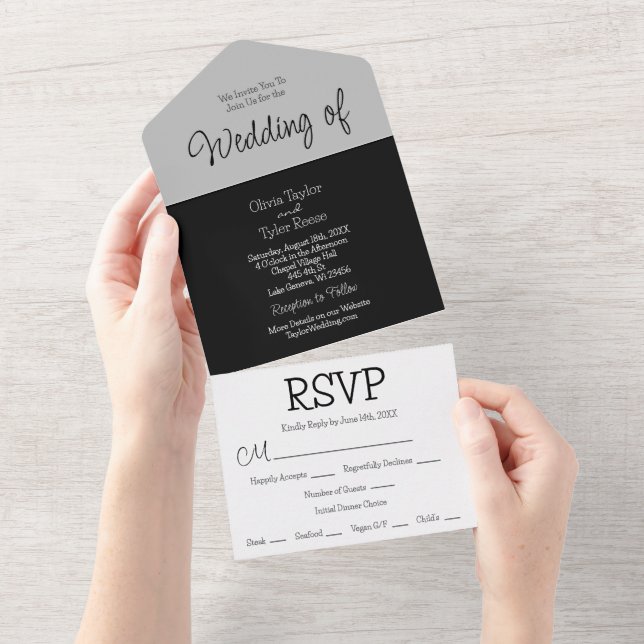 Black, Grey and White Minimalist Modern Wedding All In One Invitation (Tearaway)