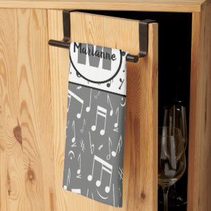 Black grey and white music notes tea towel