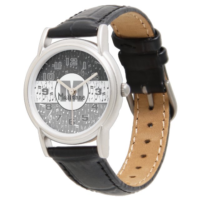 Black grey and white music notes watch (Angled)