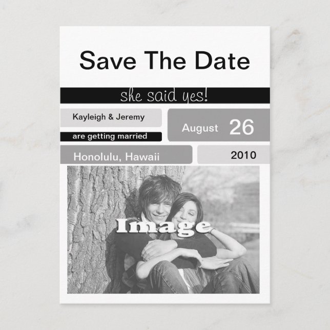 Black Grey and White Photo Save The Date Postcard (Front)