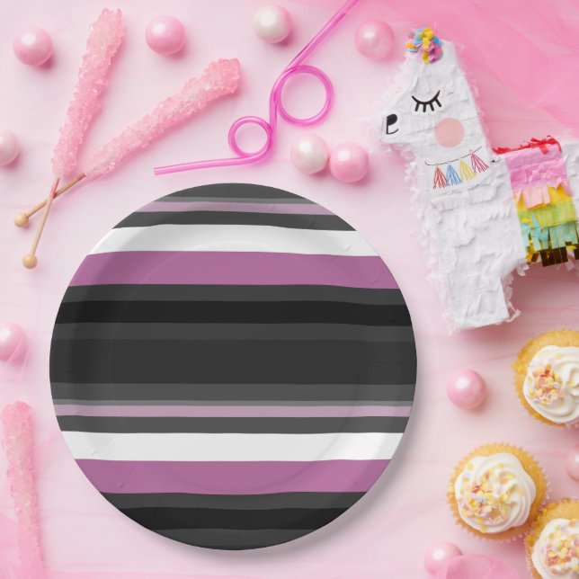 Black, Grey and White Stripes Paper Plate (Party)