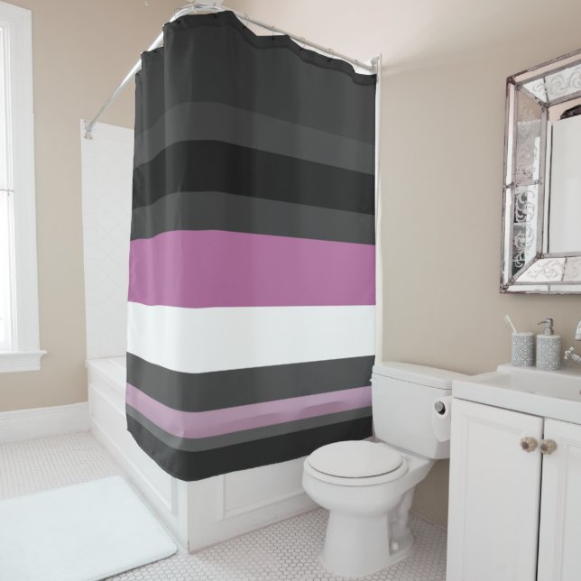 Black, Grey and White Stripes Shower Curtain (In Situ)