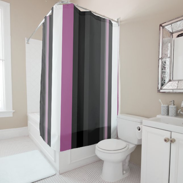 Black, Grey and White Stripes Shower Curtain (In Situ)