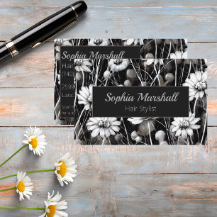 Black, Grey and White Wildflowers with QR Code  Business Card
