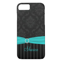 Black Grey Aqua Damask Striped iPhone 7 Case