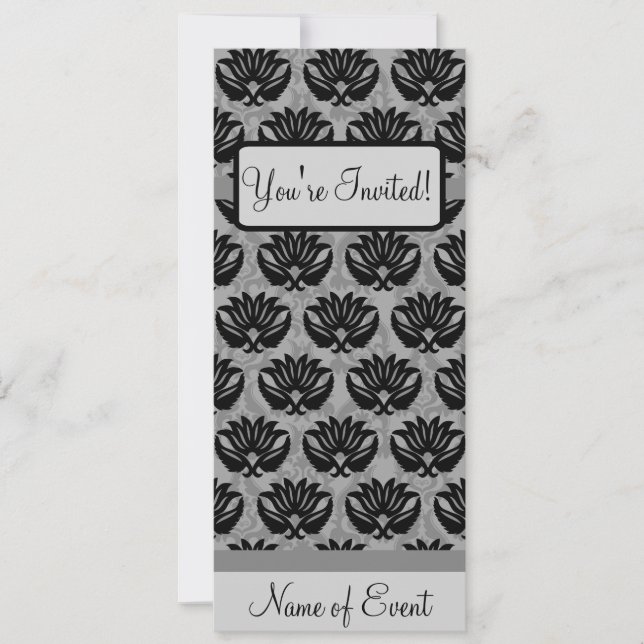 Black Grey Art Nouveau Damask Happy Birthday Party Invitation (Front)
