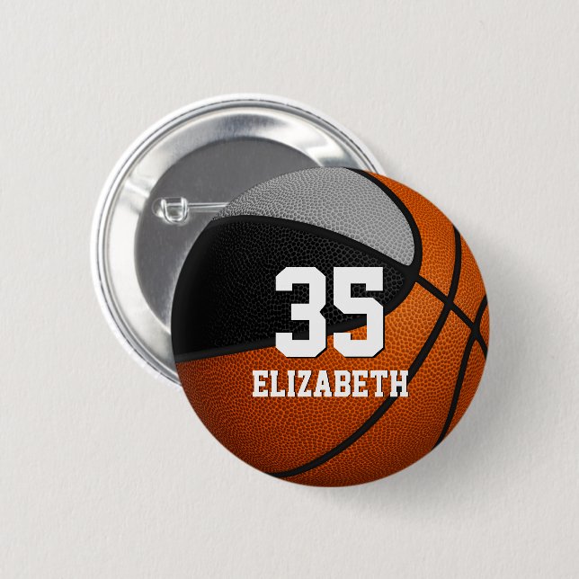 black grey basketball team colours w athlete name 6 cm round badge (Front & Back)