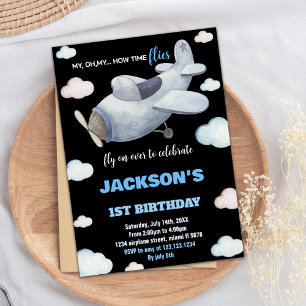 Black Grey Blue Aeroplane Birthday Invitations