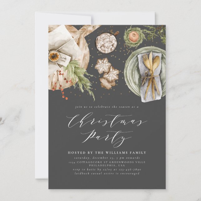 Black Grey Boho Watercolor Christmas Party Dinner Invitation (Front)