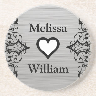 Black Grey Bride Groom Names Floral Wedding Coaster