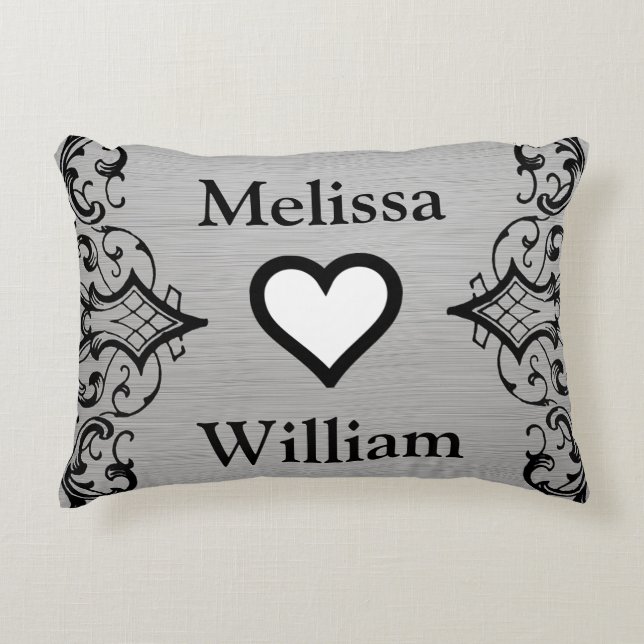 Black Grey Bride Groom Names Floral Wedding Decorative Cushion (Front)