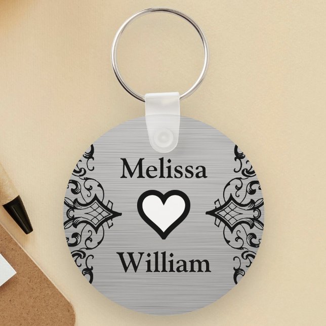 Black Grey Bride Groom Names Floral Wedding Key Ring (Creator Uploaded)