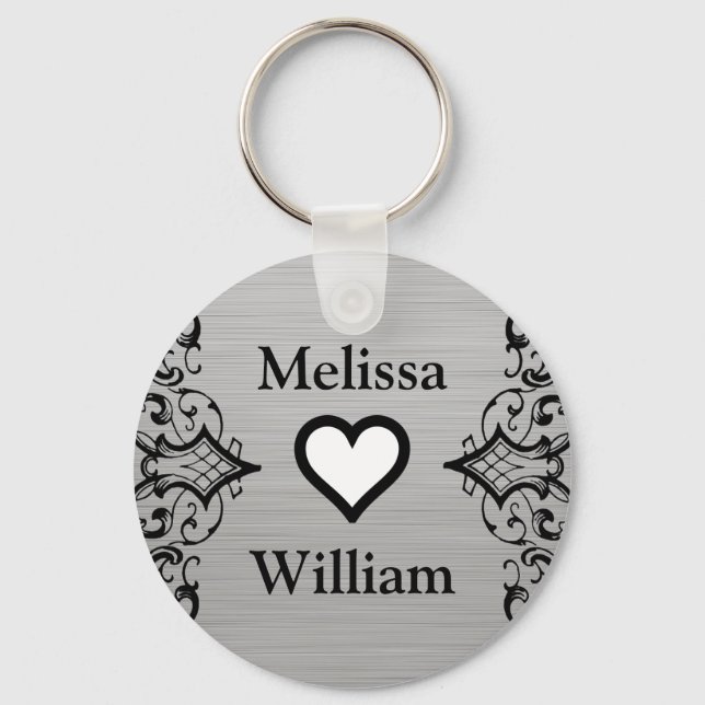 Black Grey Bride Groom Names Floral Wedding Key Ring (Front)