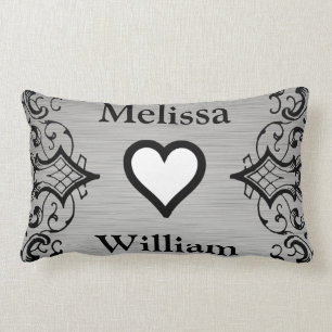 Black Grey Bride Groom Names Floral Wedding Lumbar Cushion