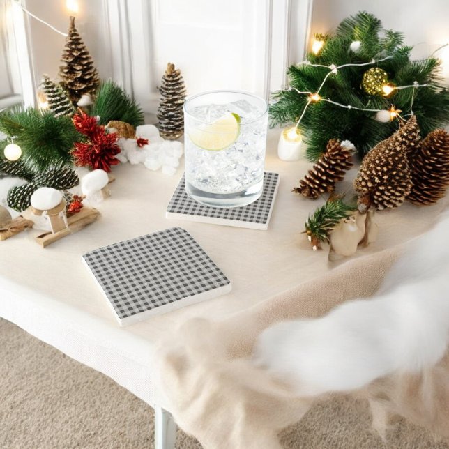 Black Grey Buffalo Plaid Holiday Stone Coaster (Creator Uploaded)
