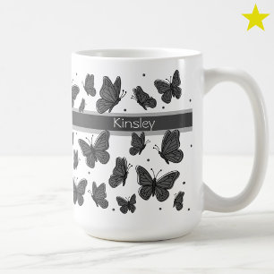 Black Grey Butterflies & Dots Custom Name Monogram Coffee Mug