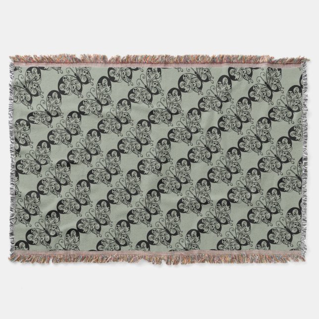 Black & Grey Butterfly Throw Blanket (Front)