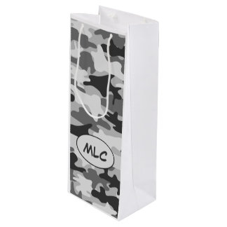 Black Grey Camouflage Monogram Personalised Wine Gift Bag