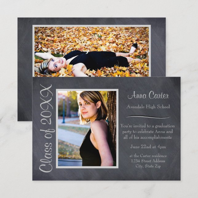 Black/Grey Chalkboard - 3x5Graduation Announcement (Front/Back)