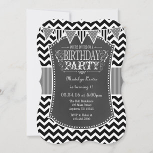Black Grey Chalkboard Chevron Birthday Invite