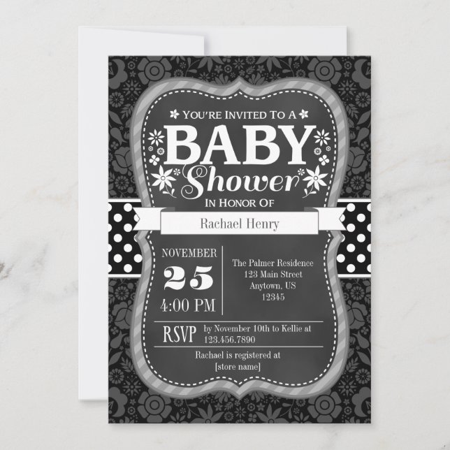 Black Grey Chalkboard Floral Baby Shower Invite (Front)