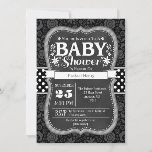 Black Grey Chalkboard Floral Baby Shower Invite