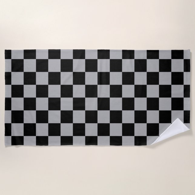 Black + Grey Check Chequered Chequerboard Pattern Beach Towel (Front)