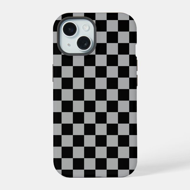 Black + Grey Check Chequered Chequerboard Pattern iPhone 15 Case (Back)