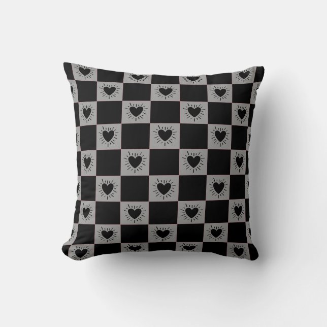 Black&Grey Chequered Tile With Hearts Pattern Cushion (Front)