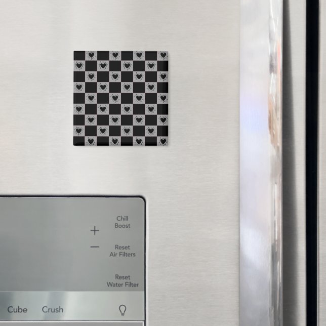 Black&Grey Chequered Tile With Hearts Pattern Magnet (In Situ (Fridge))