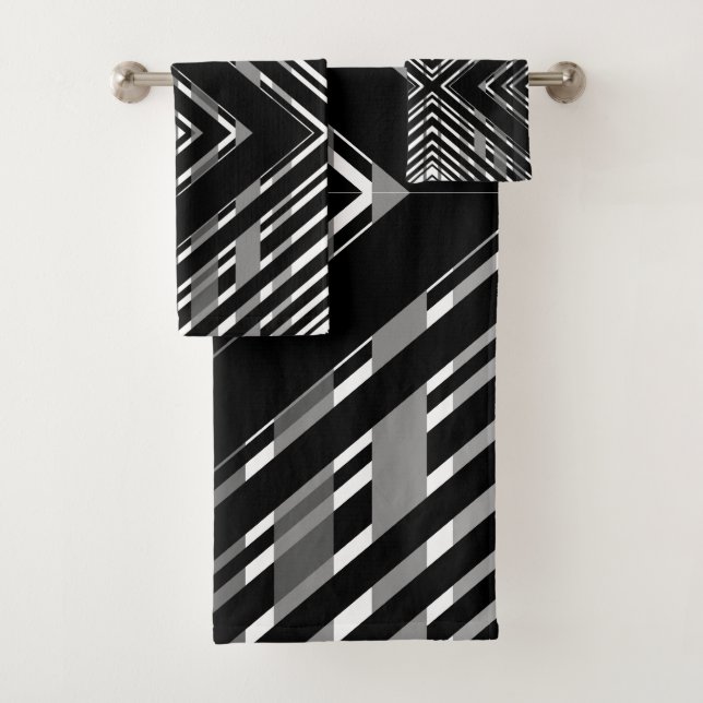 Black Grey Chevron Barcode Striped Bath Towel Set (Insitu)