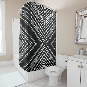 Black Grey Chevron Barcode Striped Shower Curtain