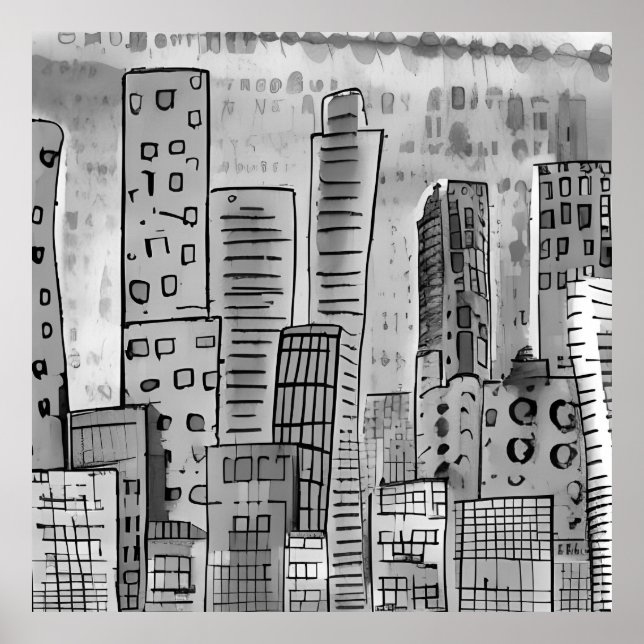 Black Grey City Doodle Poster (Front)