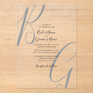 Black Grey Clear Monogram Initials Wedding Acrylic Invitations