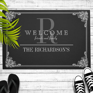 Black Grey Corner Flourish Frame Custom Monogram Doormat