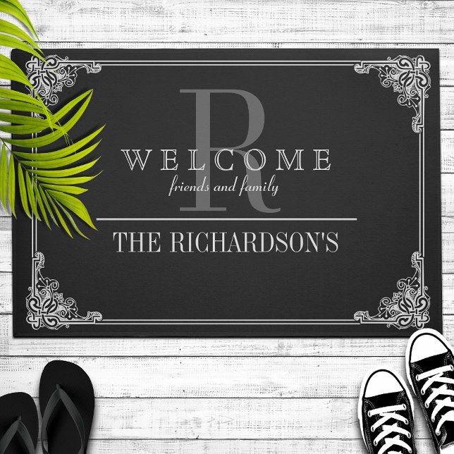 Black|Grey Corner Flourish Frame Custom Monogram Doormat (Creator Uploaded)