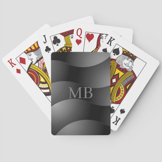 Black & Grey Curved Shapes, Grey Monogram Playing Cards (Back)