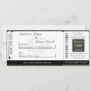 Black/Grey Damask Boarding Pass Wedding Invitation