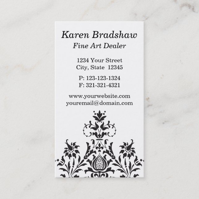 Black & Grey Damask Fine Art Dealer Business Cards (Front)
